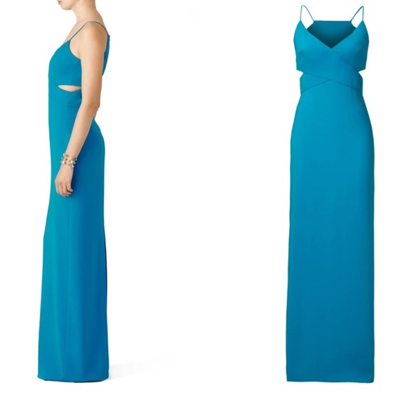 Badgley Mischka Collection Women 6 Teal Crepe Cutout Odessa Crossover Gown - Picture 2 of 13
